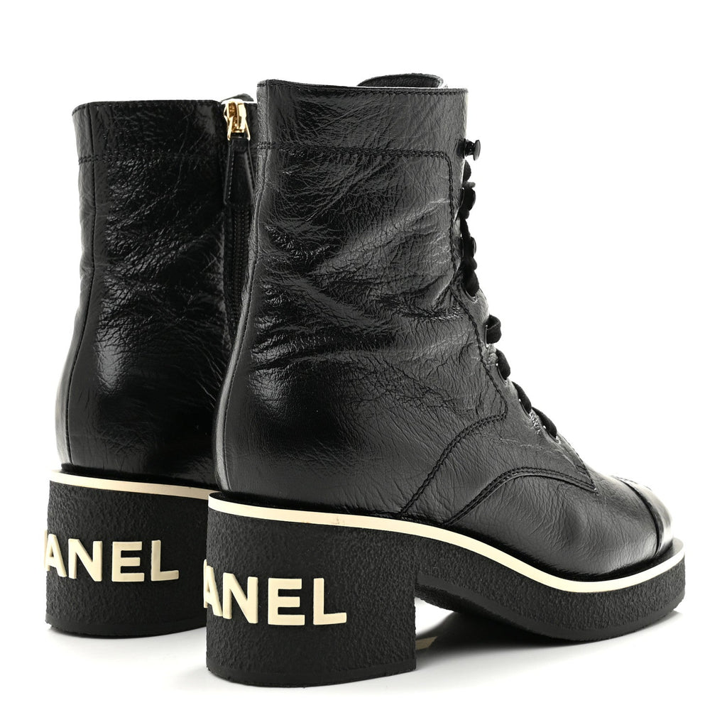 Chanel Shiny Crumpled Lambskin Lace Up Combat Women's Boots