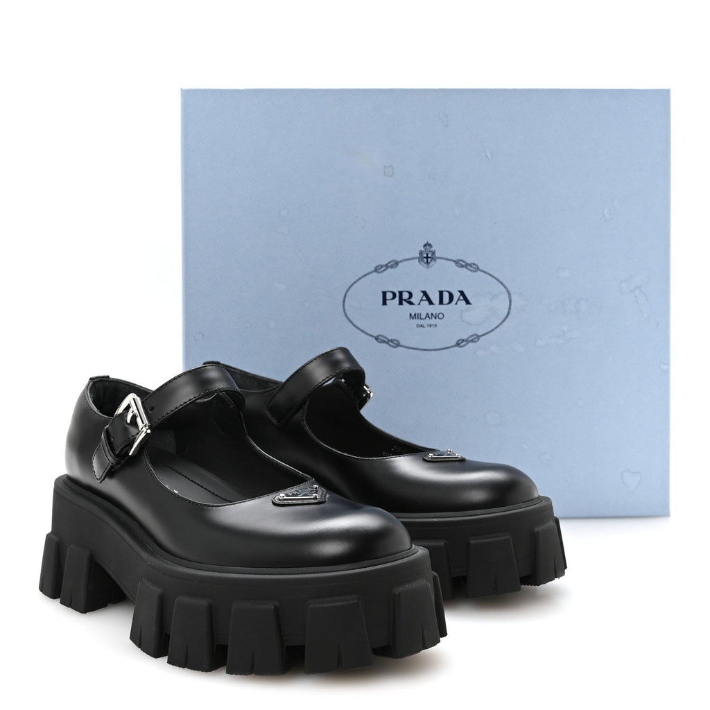 Prada Spazzolato Calfskin Women's Monolith Mary Janes 35.5 Black