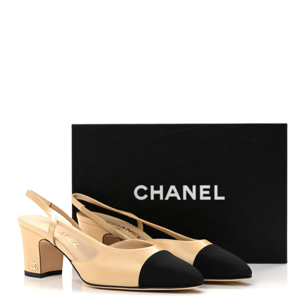Chanel Goatskin Grosgrain CC Cap Toe Women's Slingback Pumps
