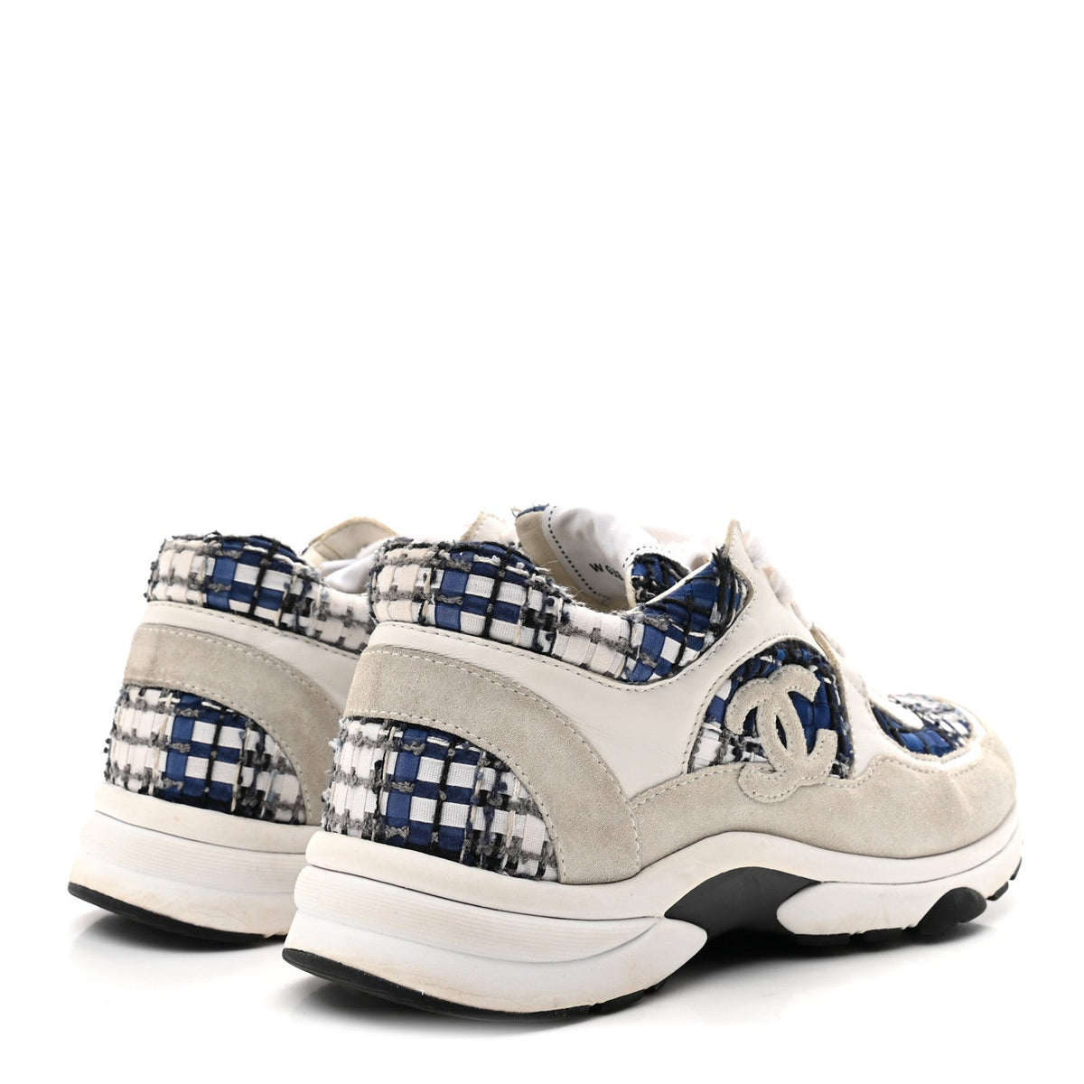 Chanel Tweed Suede Calfskin Women's CC Sneakers 37 Dark Blue Black Grey White