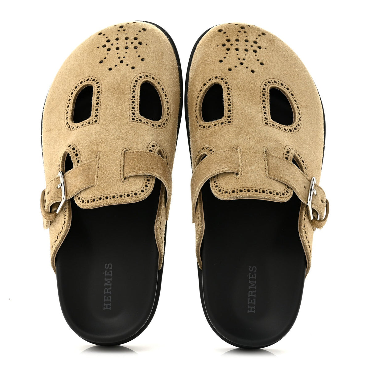 Hermes Suede Calfskin Monk Women's Mules Beige Albatre