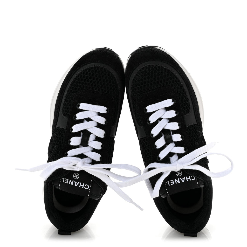 Chanel Calfskin Mesh Lycra Suede Women's Logo Sneakers 36 Black
