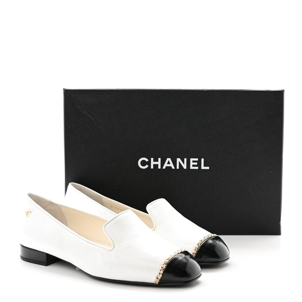 Chanel Patent Cap Toe Chain Women's Moccasin Loafers White Black