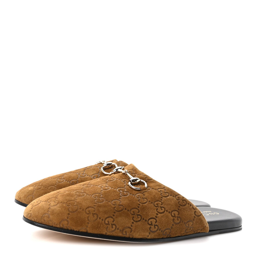 Gucci Suede Cachemire Men's Monogram Princetown Slippers 10 Pepper Brown