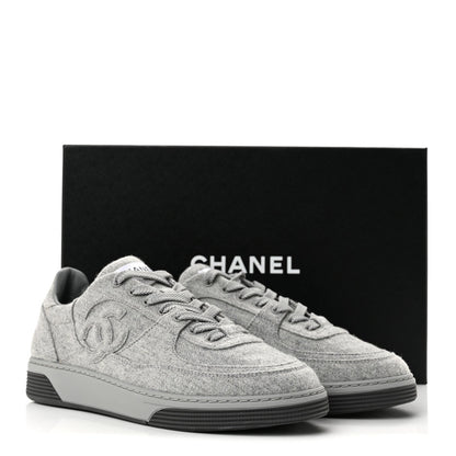 Chanel Wool Mixed Fibers Women's CC Sneakers 38 Light Grey