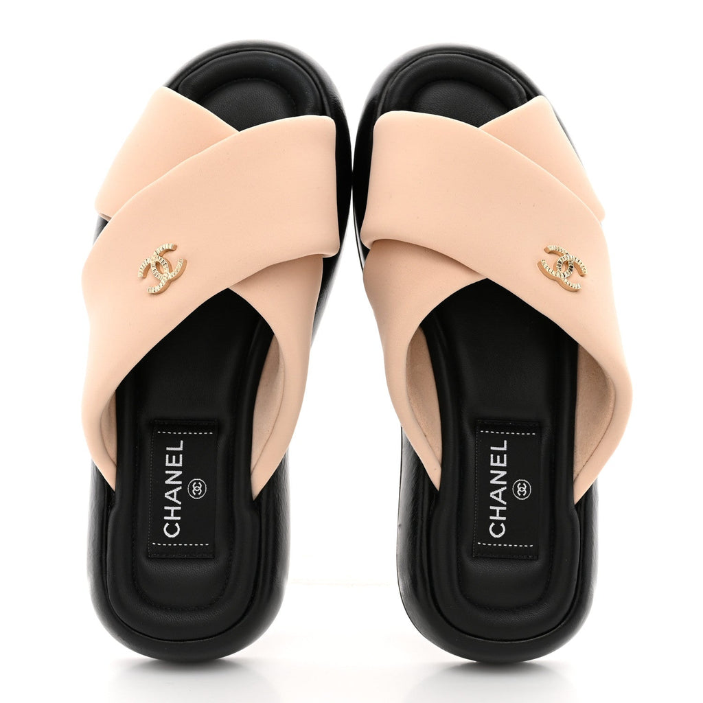 Chanel Fabric Women's CC Mules Sandals 36 Light Beige