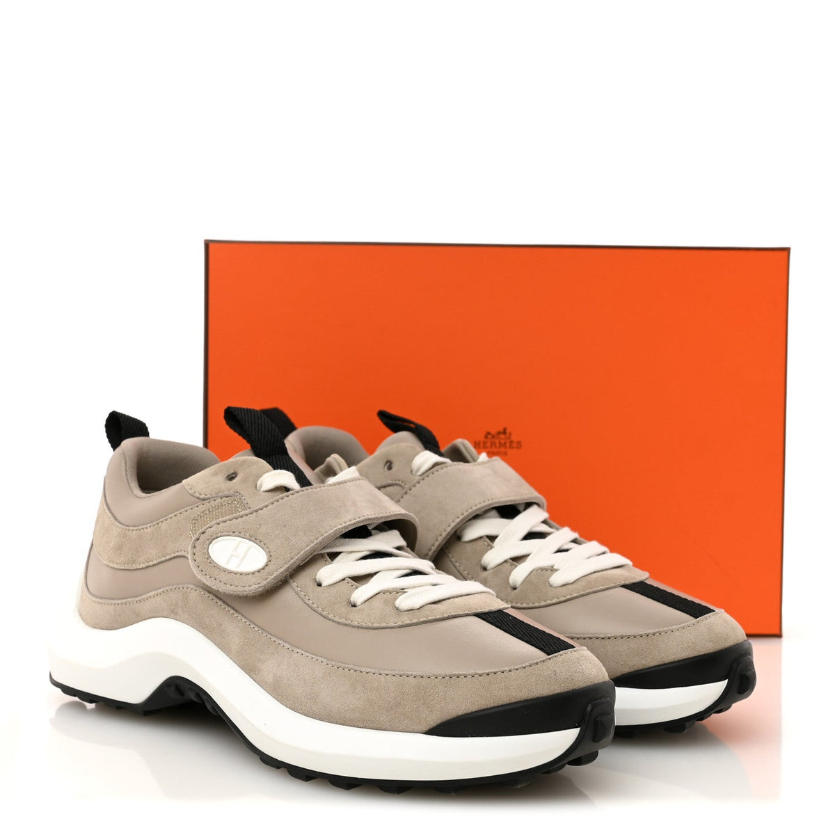 Hermes Calfskin Suede Goatskin Women's Loop Sneakers 37 Beige Galet