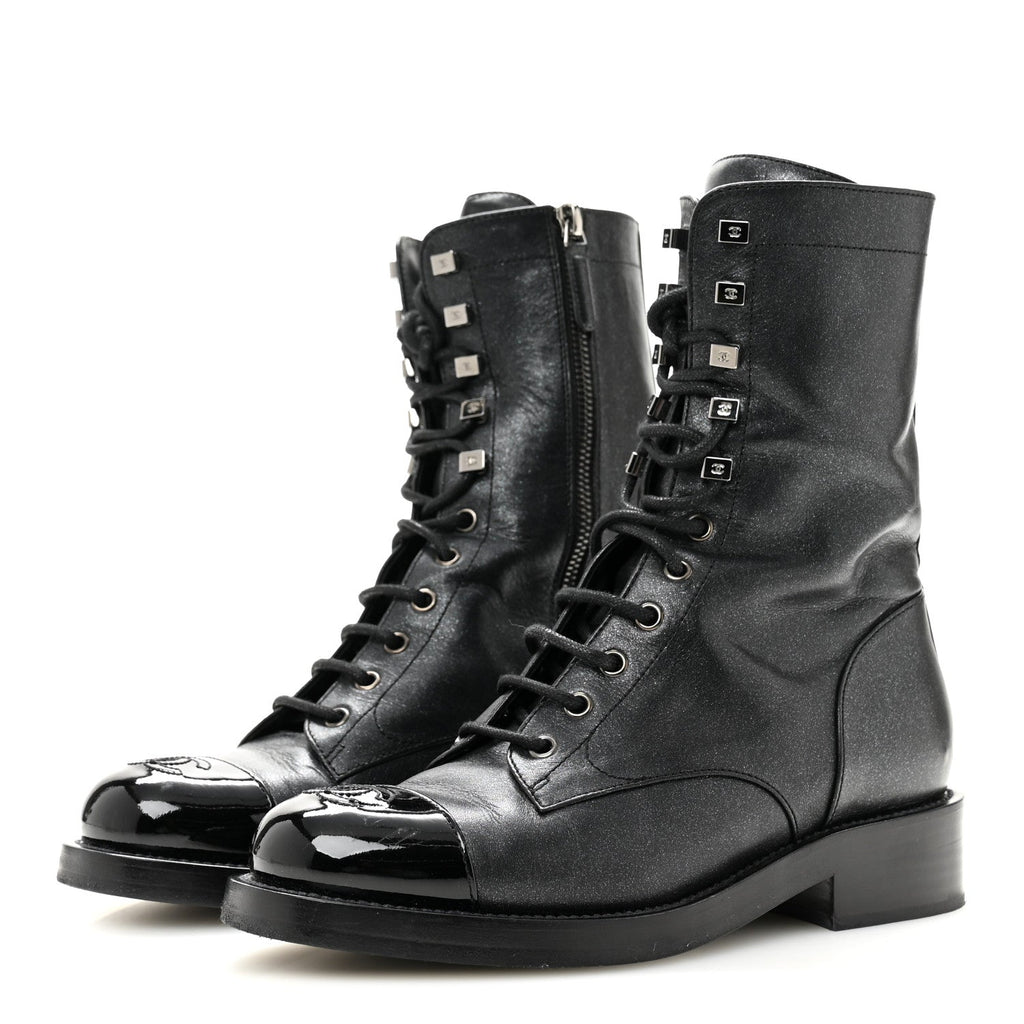 Chanel Iridescent Calfskin Women's CC Combat Boots 38 Black
