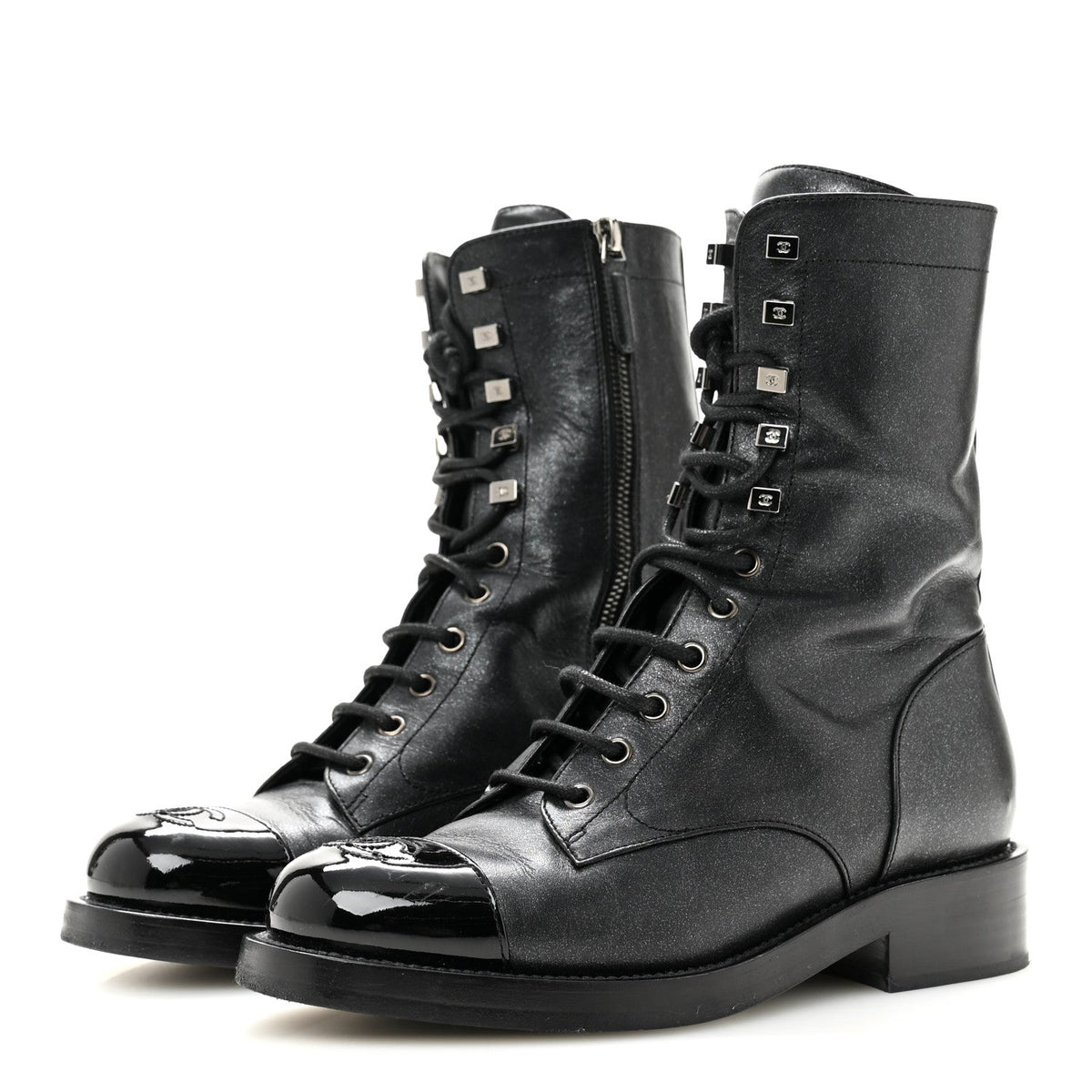 Chanel Iridescent Calfskin Women's CC Combat Boots 38 Black