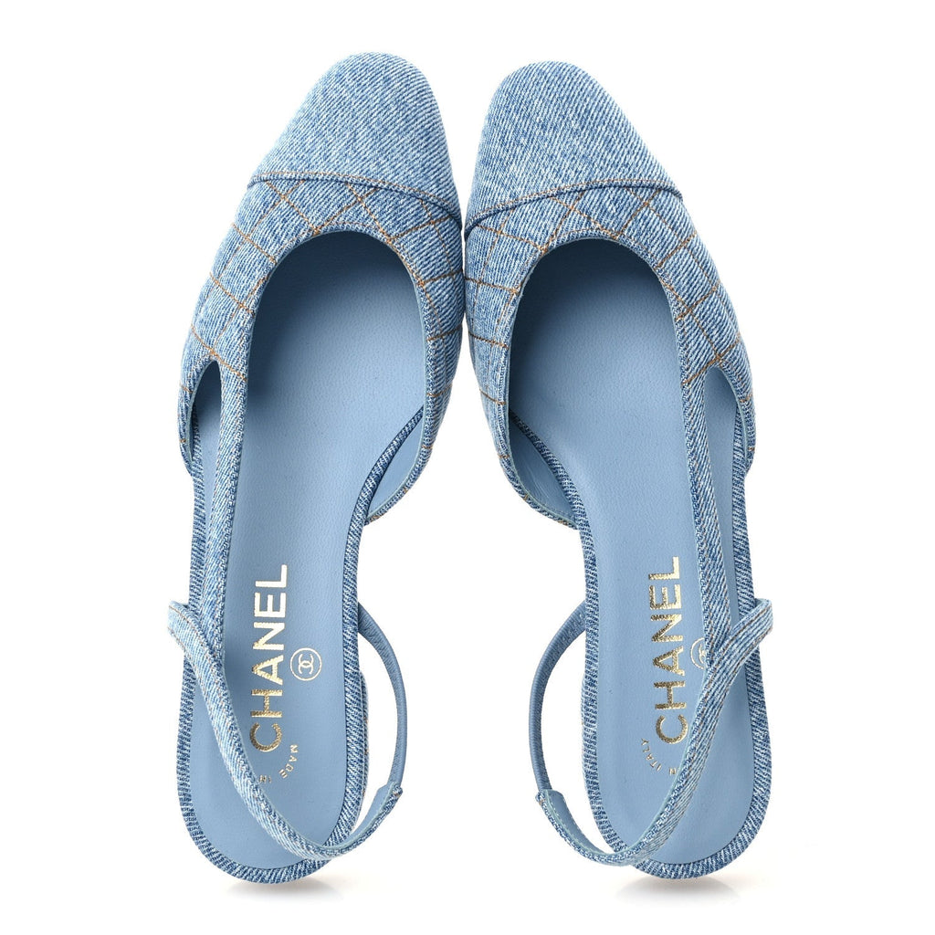 Chanel Denim Quilted CC Cap Toe Women's Slingback Flats Light Blue