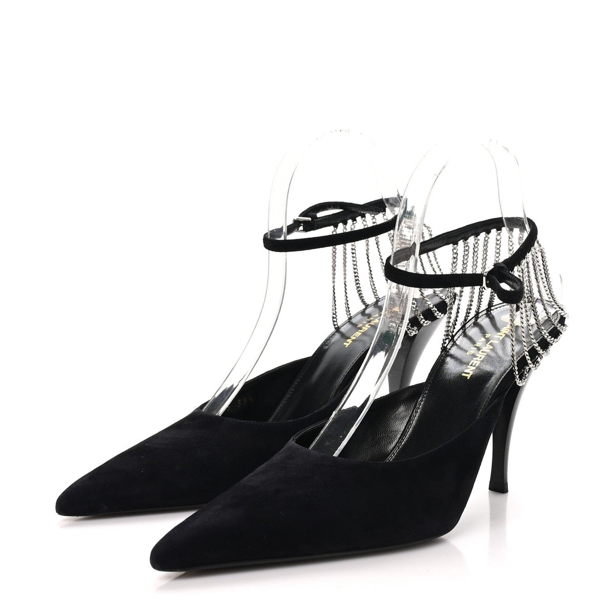 Saint Laurent Suede Women's Kid Scamosciato Sling 90 Chain Pumps 39.5 Black