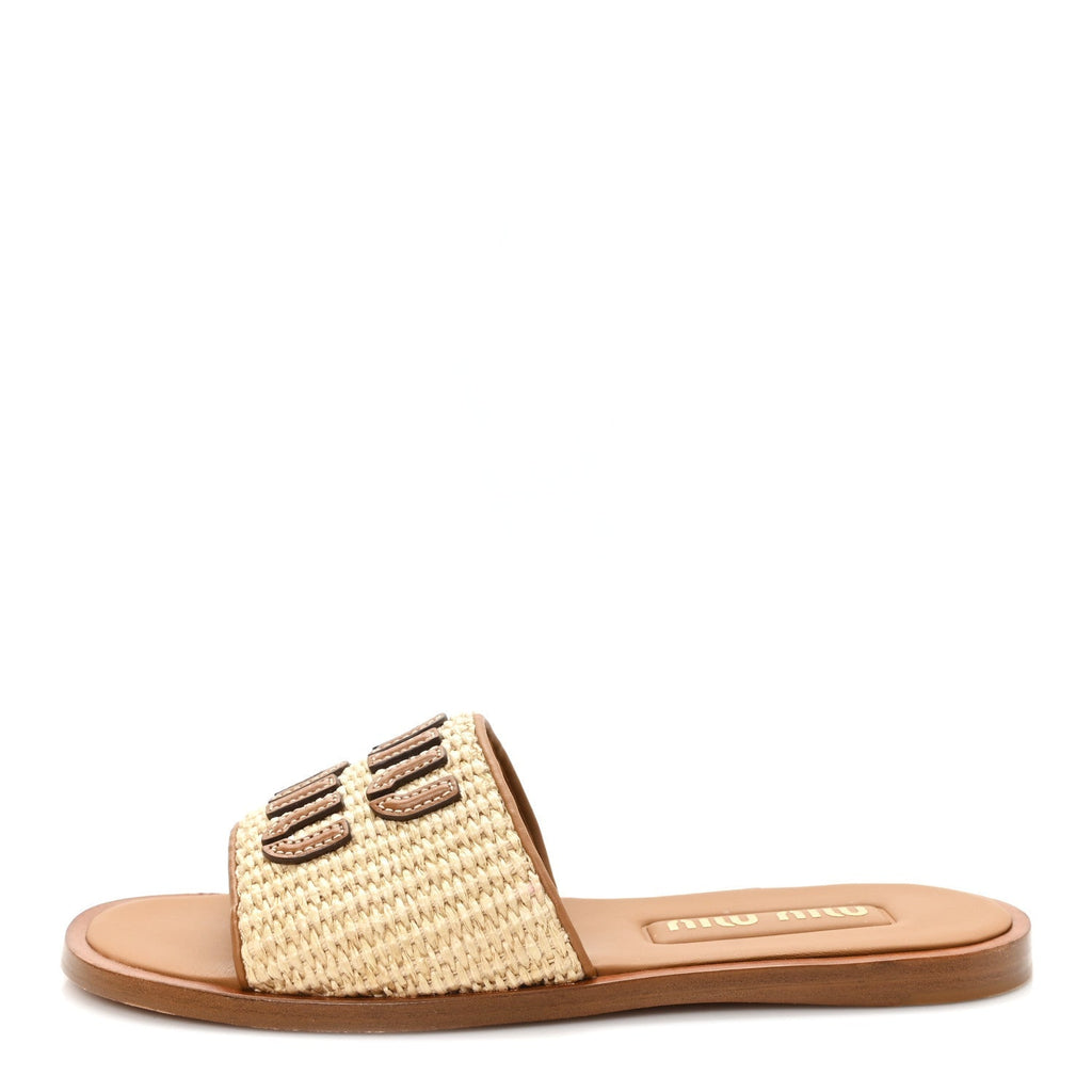 Miu Miu Stuoia Raffia Calfskin Women's Logo Sandals 36 Naturale