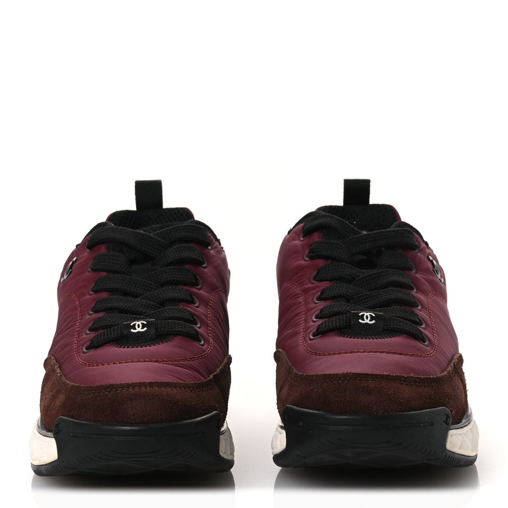 Chanel Nylon Suede Calfskin Women's CC Sneakers 38 Burgundy Brown
