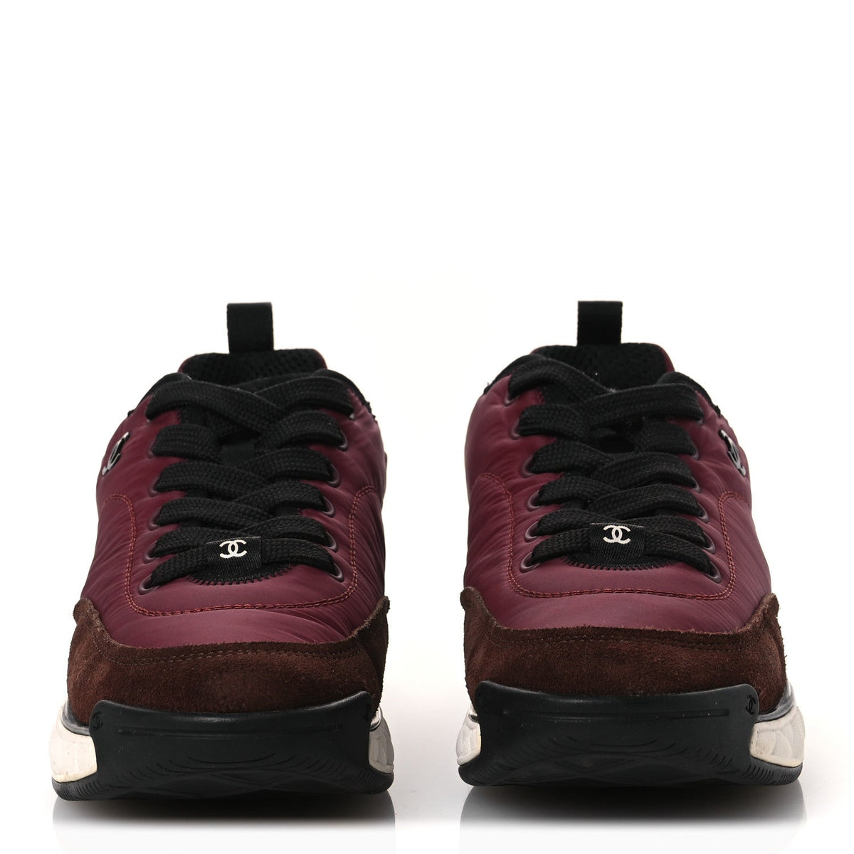 Chanel Nylon Suede Calfskin Women's CC Sneakers 38 Burgundy Brown