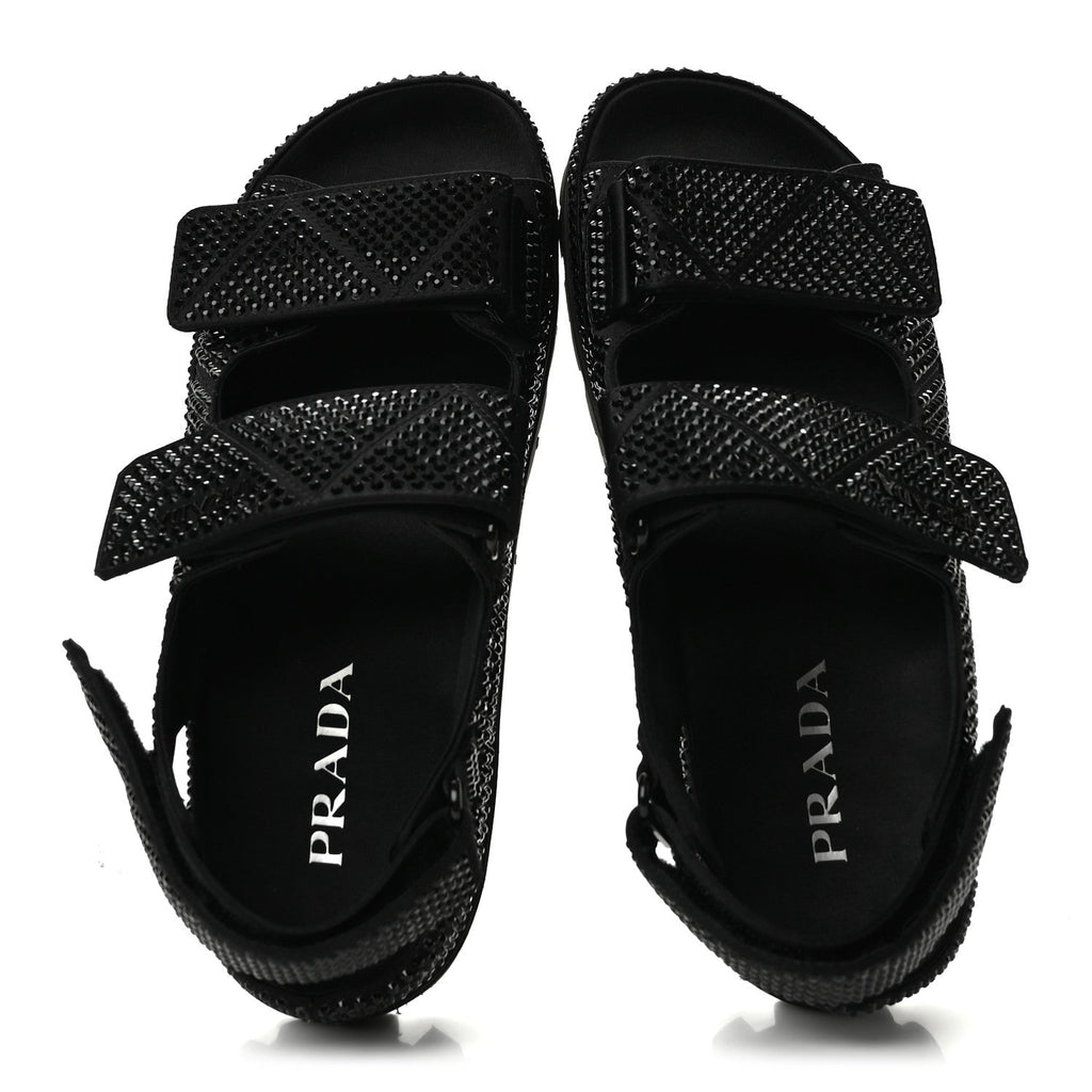 Prada Satin Crystal Women's Logo Velcro Sandals 37.5 Black