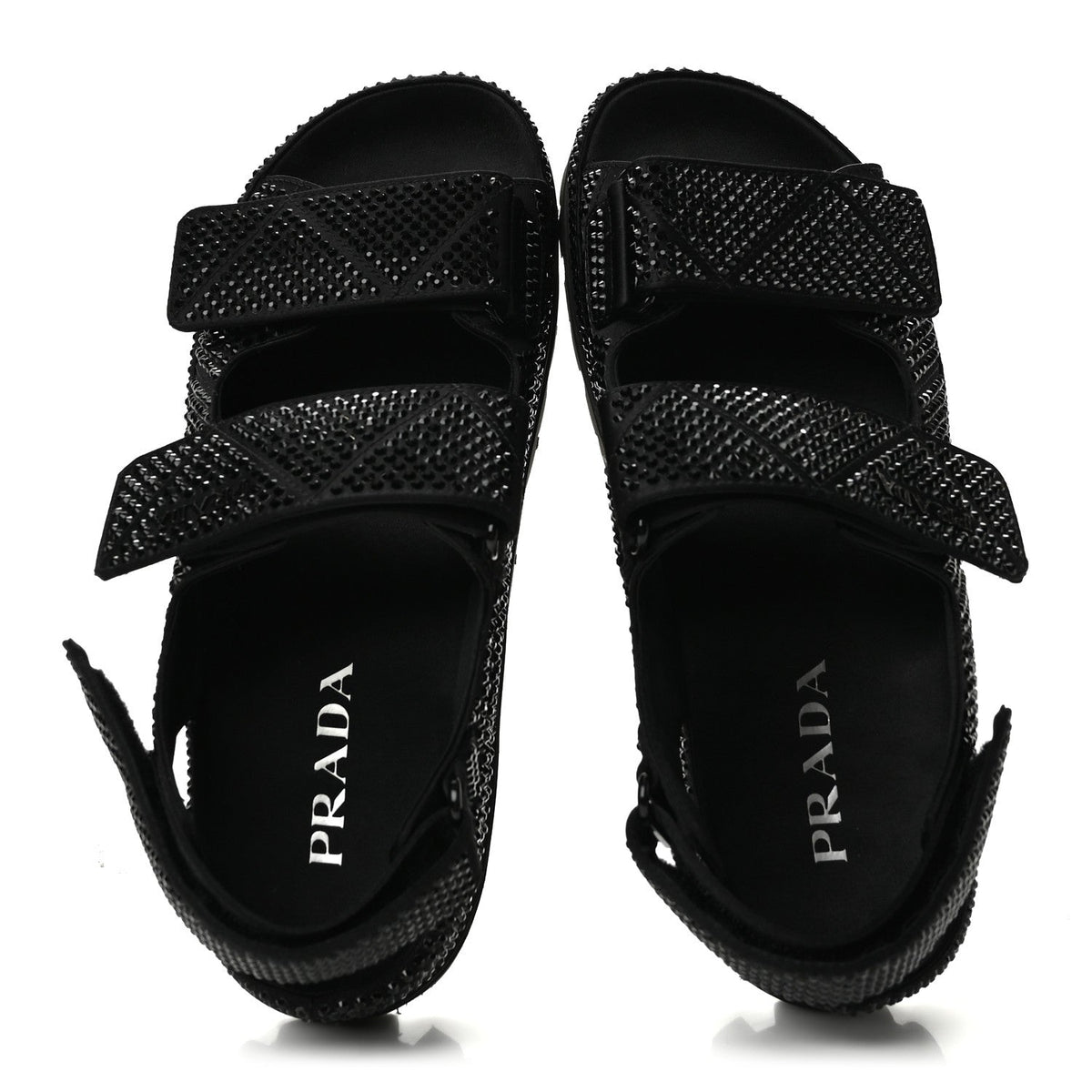 Prada Satin Crystal Women's Logo Velcro Sandals 37.5 Black