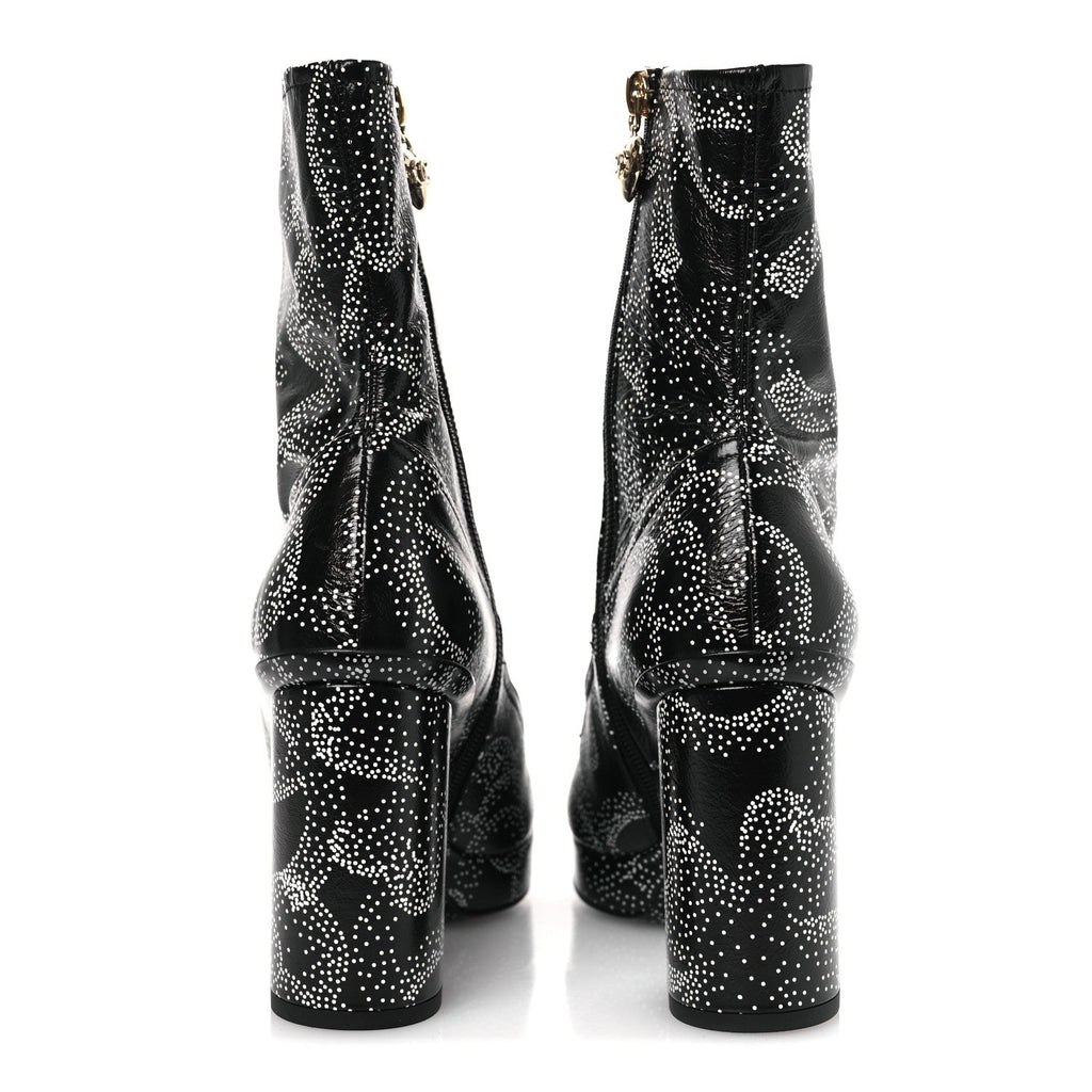 Chanel Calfskin Camellia Printed Women's Ankle Boots 38.5 Black White