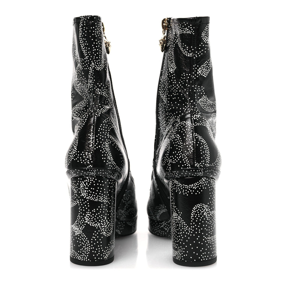 Chanel Calfskin Camellia Printed Women's Ankle Boots 38.5 Black White