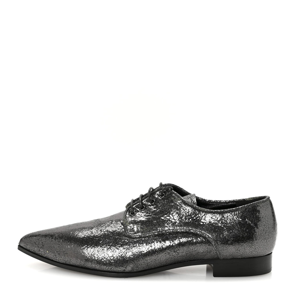 Miu Miu Crinkled Patent Women's Lace Up Oxford Flats 37.5 Dark Silver