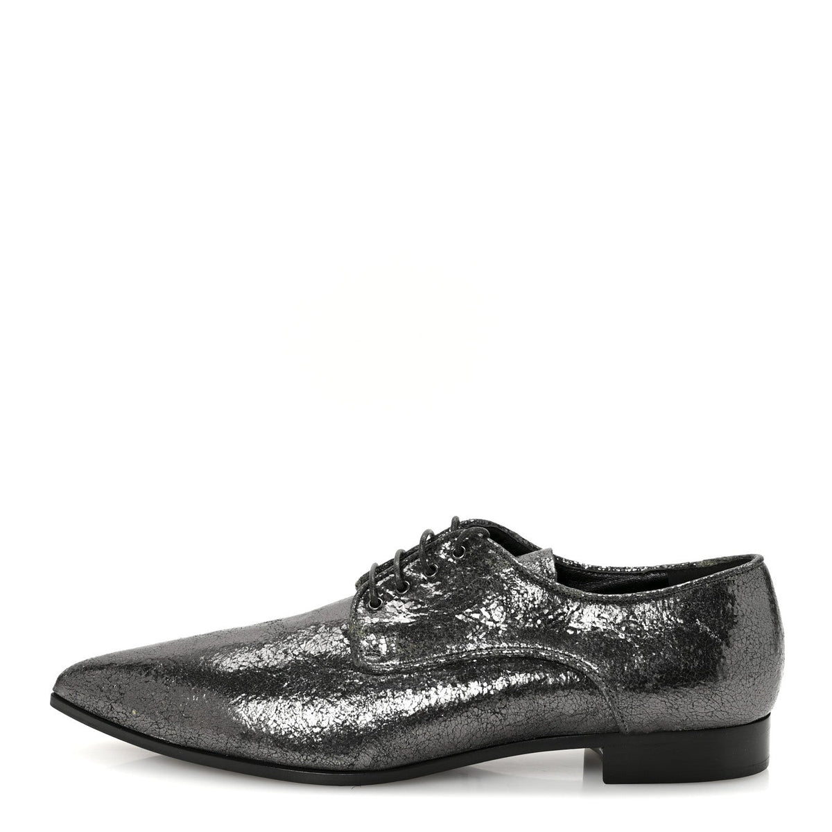 Miu Miu Crinkled Patent Women's Lace Up Oxford Flats 37.5 Dark Silver