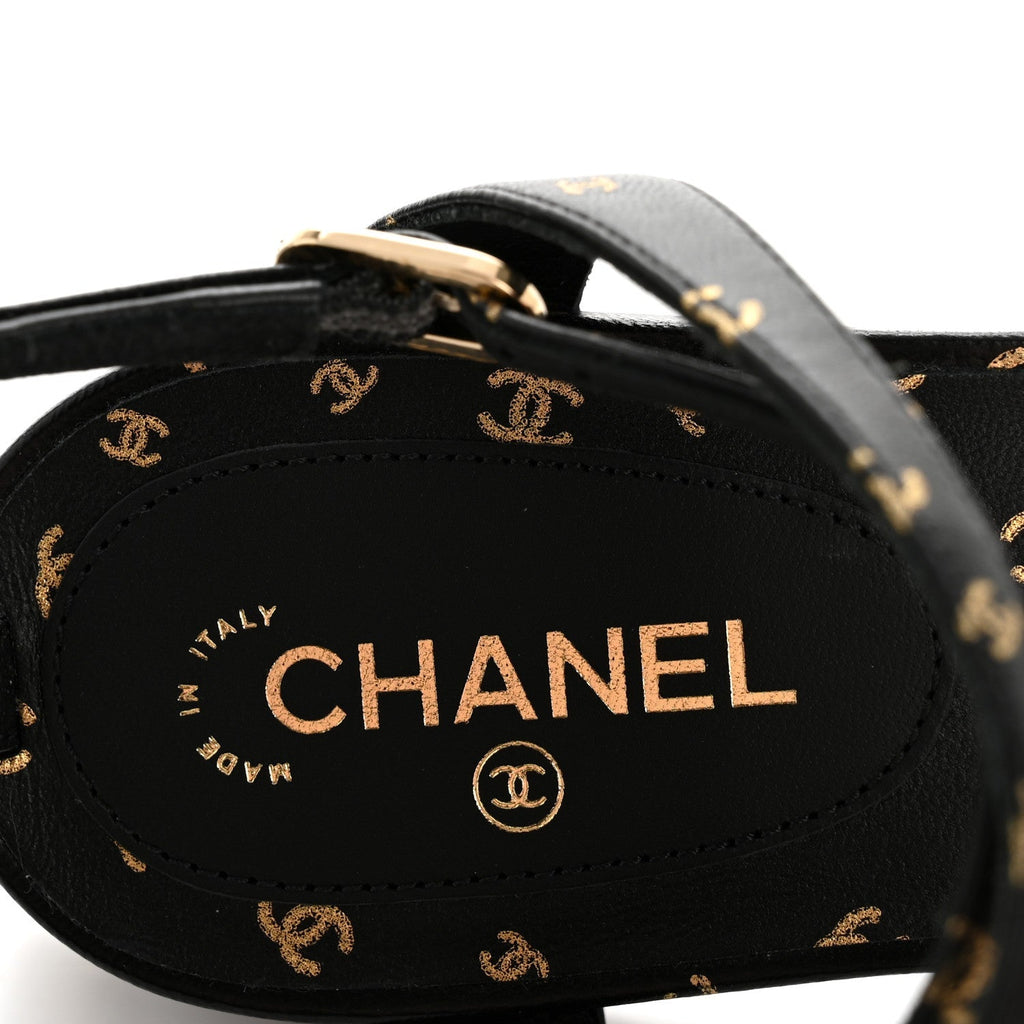 Chanel Lambskin Patent Calfskin Women's Cap Toe CC Slingbacks 36.5 Black Gold