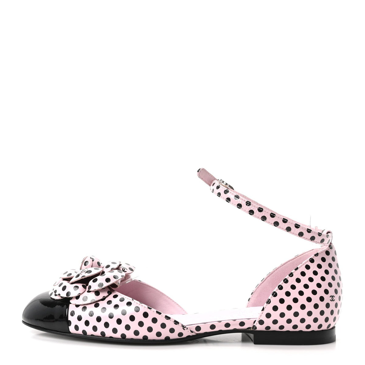Lambskin Patent Calfskin Cap Toe Polka Dot Camellia Mary Jane Flats Pi