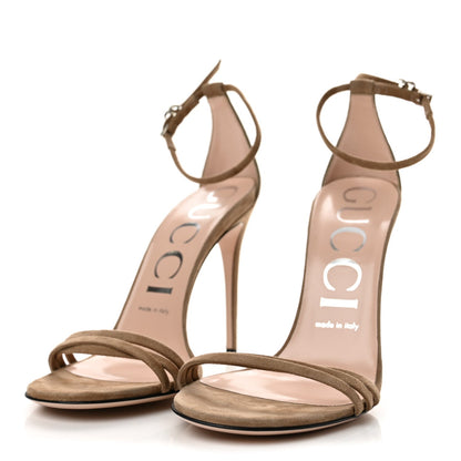 Gucci Suede Women's GG Ankle Strap High Heel Sandals 37.5 Taupe