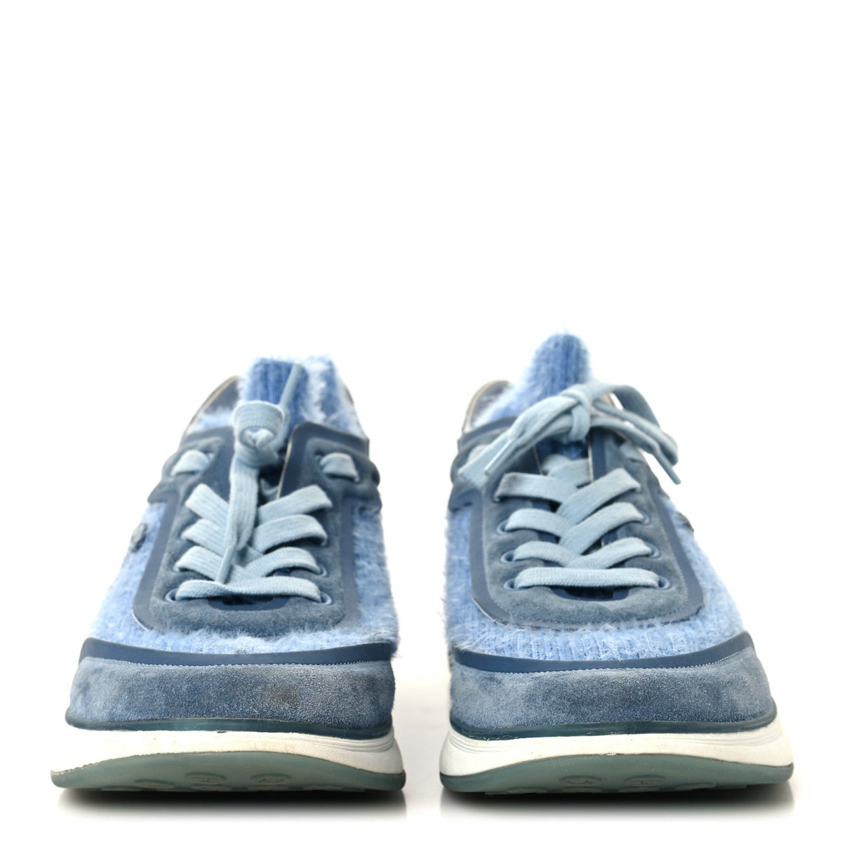 Chanel Suede Calfskin Stretch Fabric CC Women's Sneakers 40.5 Light Blue