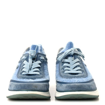 Chanel Suede Calfskin Stretch Fabric CC Women's Sneakers 40.5 Light Blue