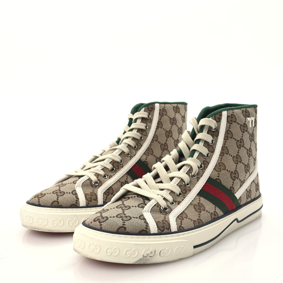 Gucci Fabric Men's GG Monogram Tennis 1977 High Top Sneakers 9 Beige Ebony