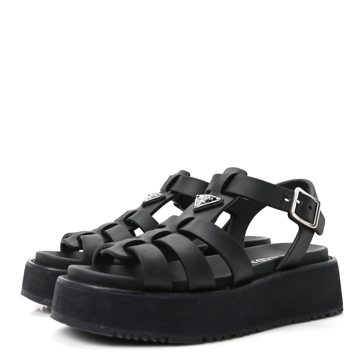 Prada Foam Rubber Women's Triangle Logo Soft Cage Sandals Black