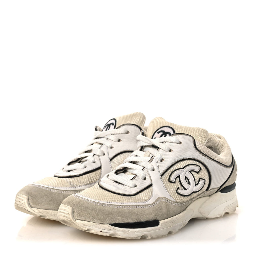 Chanel Mesh Suede Calfskin Women's CC Sneakers 37.5 White Black