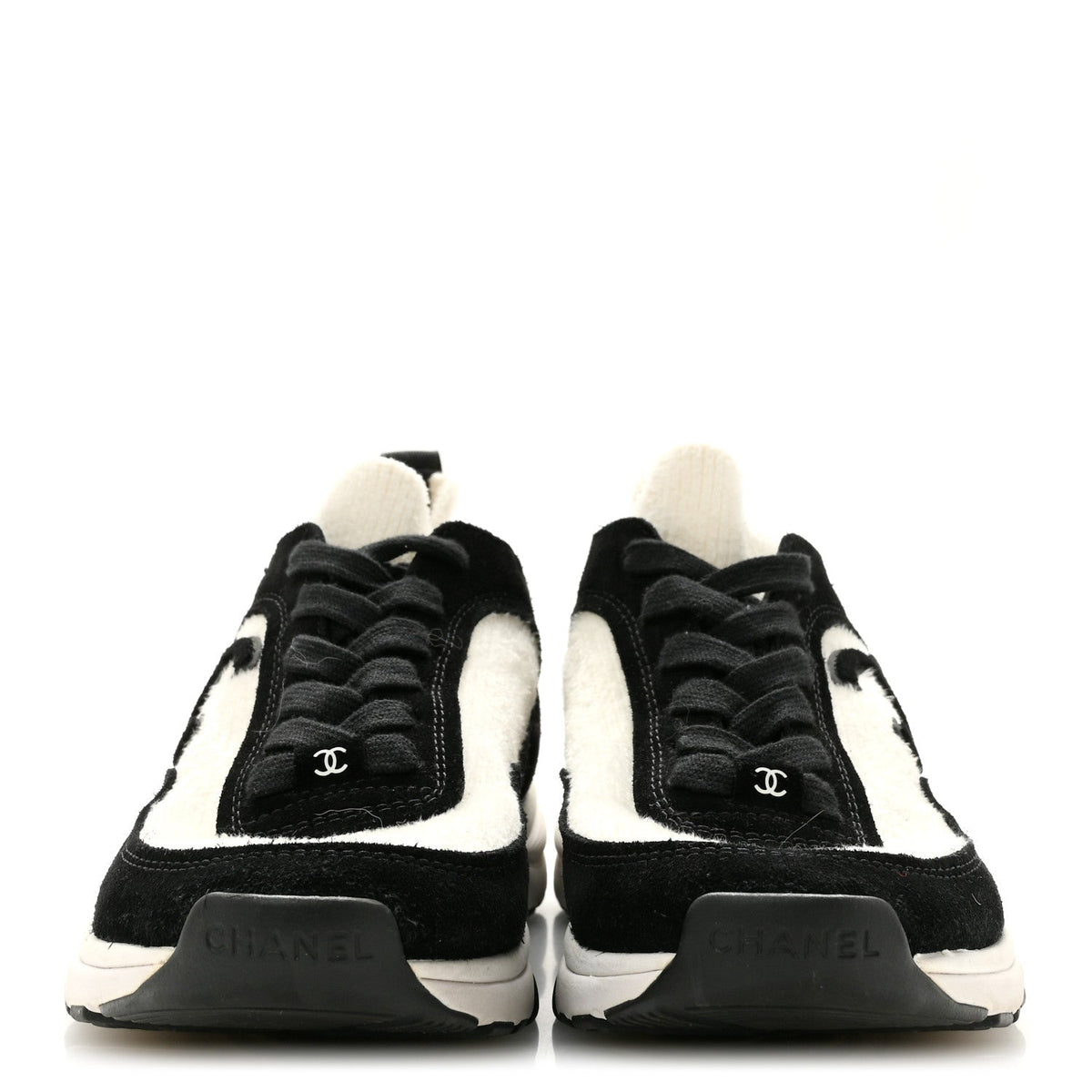 Chanel Fabric Suede Calfskin Women's CC Sneakers 38 White Black