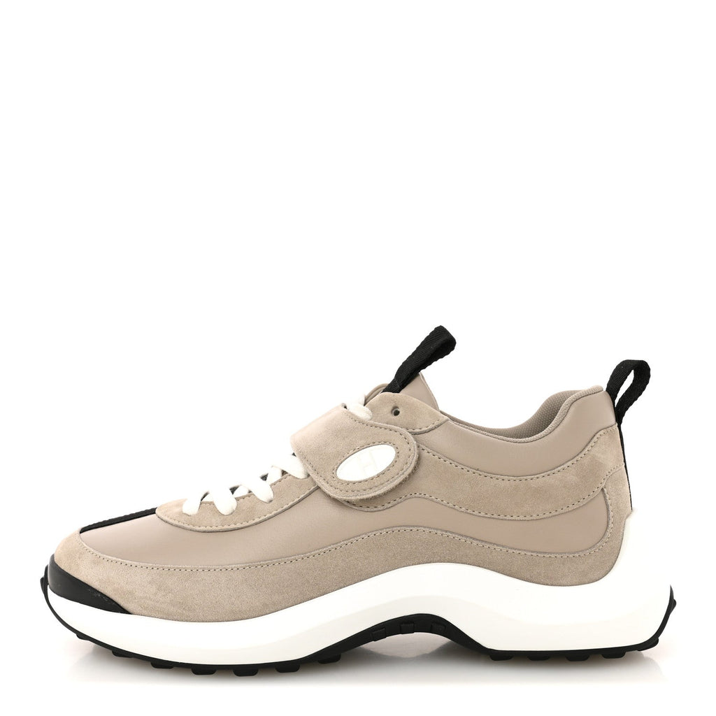 Hermes Calfskin Suede Goatskin Women's Loop Sneakers 37 Beige Galet