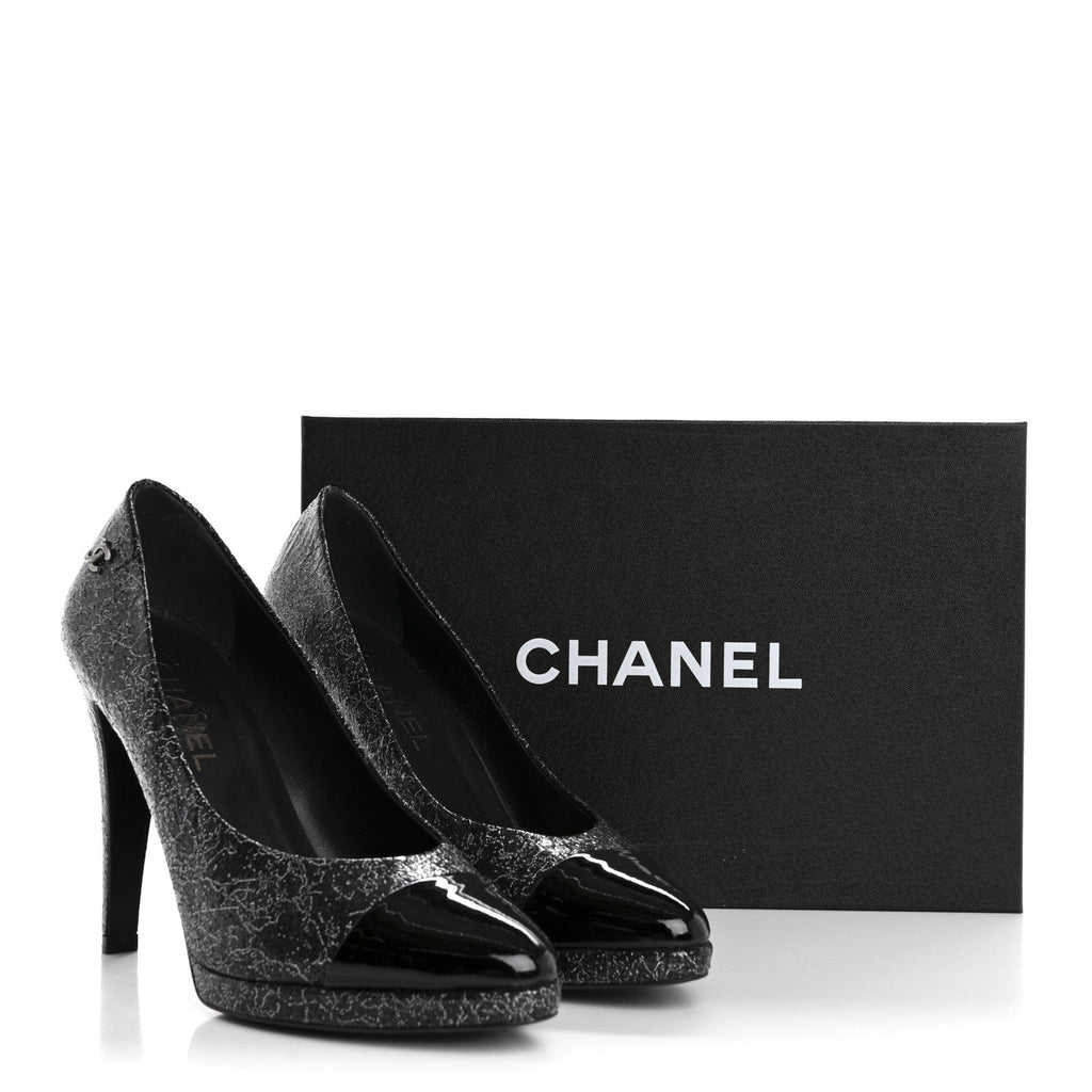 Chanel Metallic Crackled Calfskin Patent Cap Toe Women's Pumps 41 Silver Black