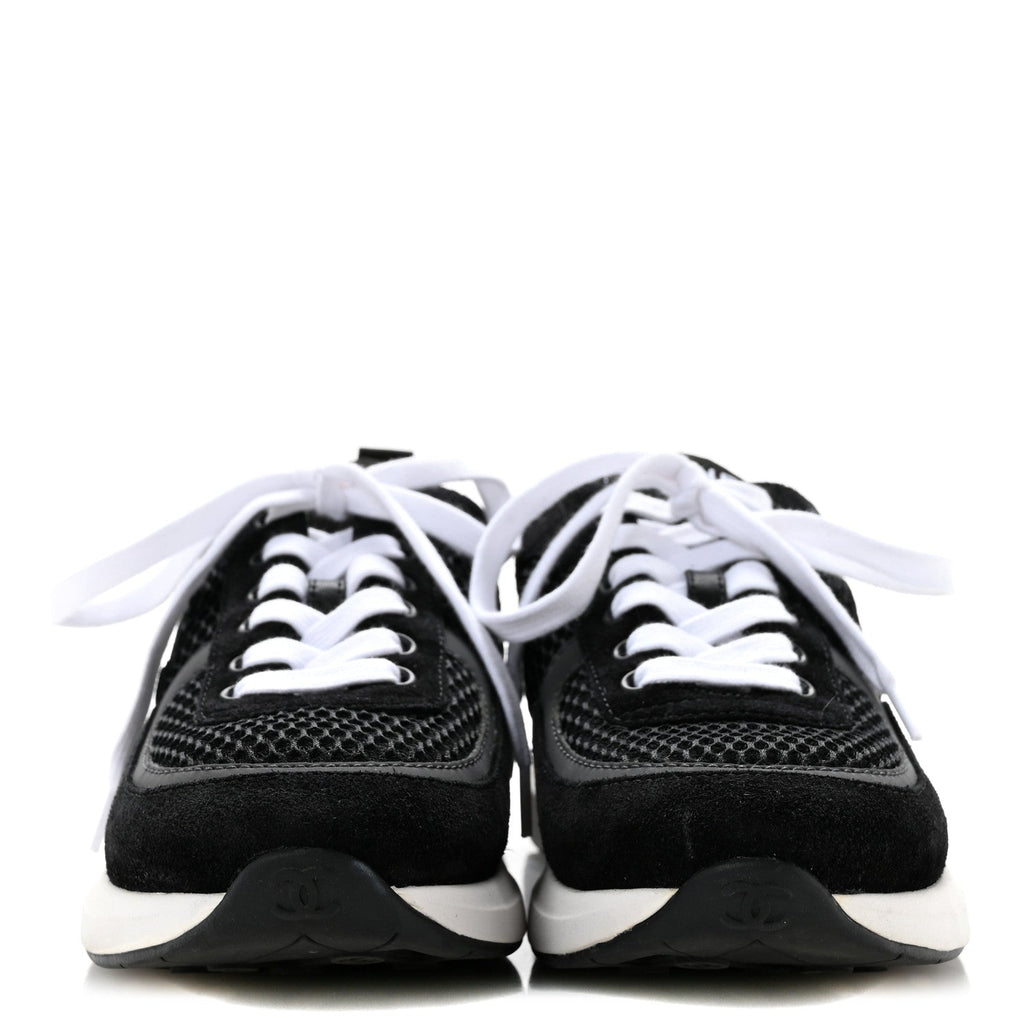 Chanel Calfskin Mesh Lycra Suede Women's Logo Sneakers 36 Black