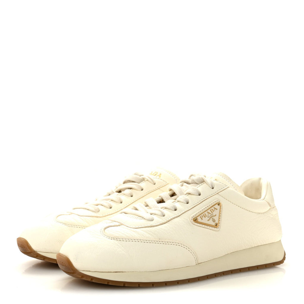 Prada Calfskin Metal Triangle Logo Women's Sneakers 40 Neutral