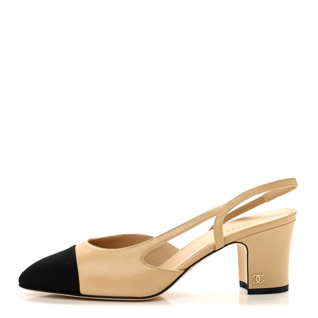Chanel Goatskin Grosgrain CC Cap Toe Women's Slingback Pumps