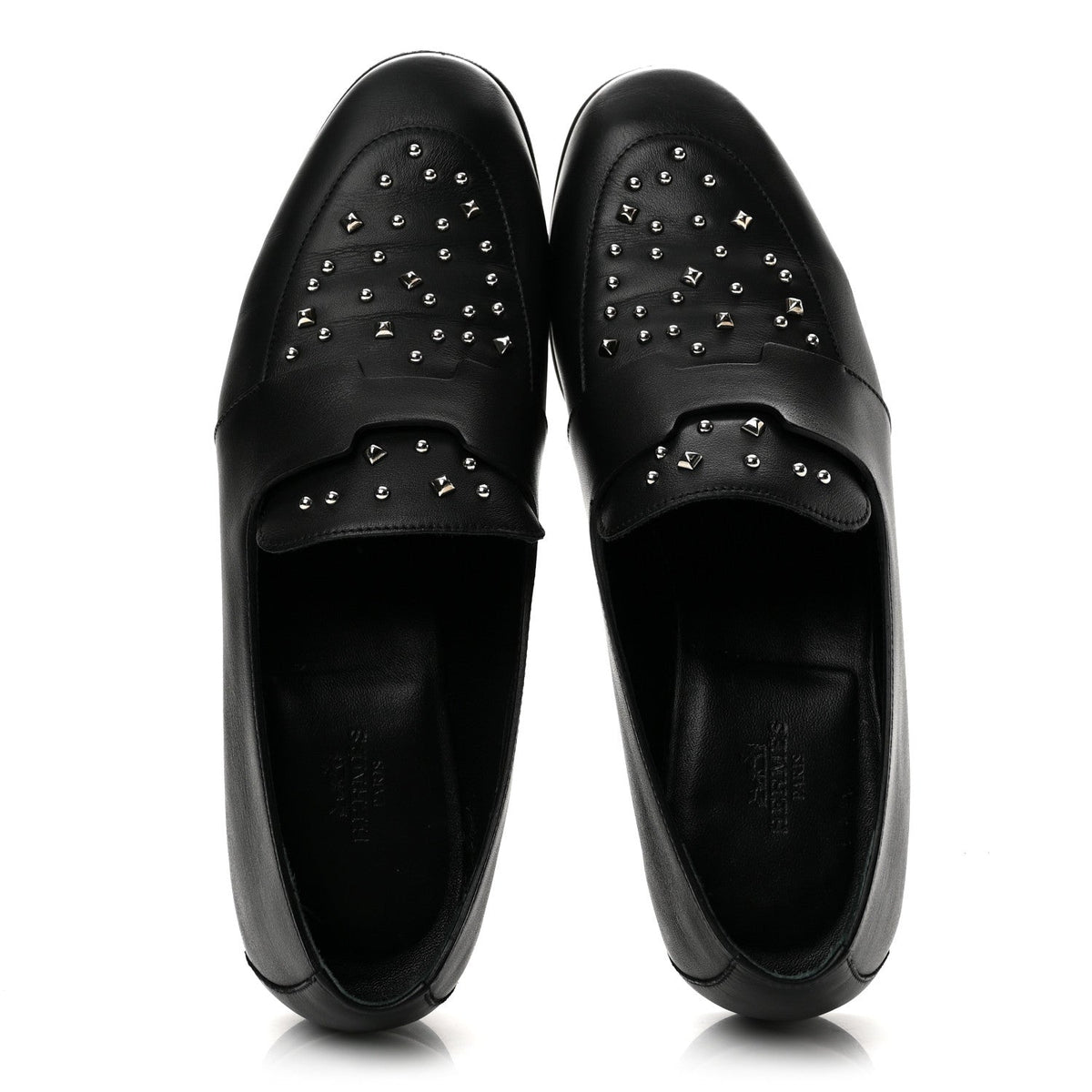 Hermes Calfskin Studded Women's Ancora Moccasin Loafers 38.5 Black