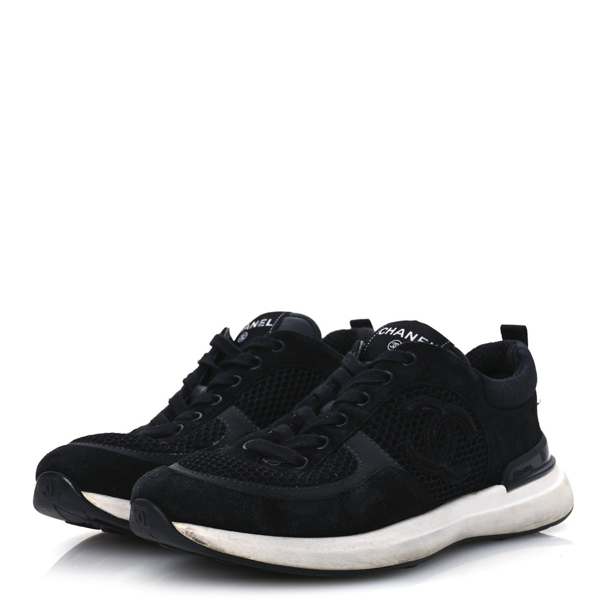 Chanel Calfskin Mesh Lycra Suede Women's Logo Sneakers 40 Black