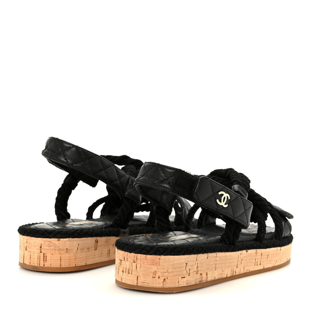 Chanel Cord Lambskin Women's Quilted Logo Sandals 37 Black