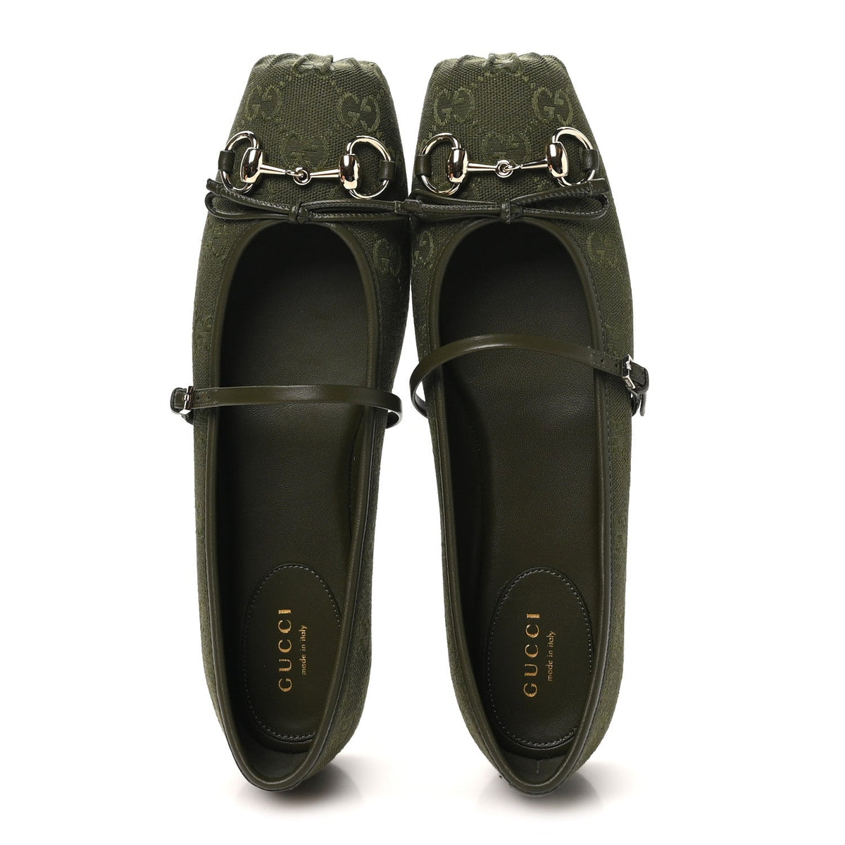 Gucci GG Canvas Women's Monogram Horsebit Bow Ballet Flats 39 Green