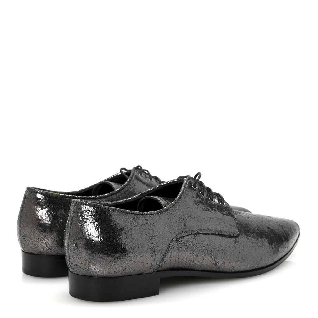Miu Miu Crinkled Patent Women's Lace Up Oxford Flats 37.5 Dark Silver