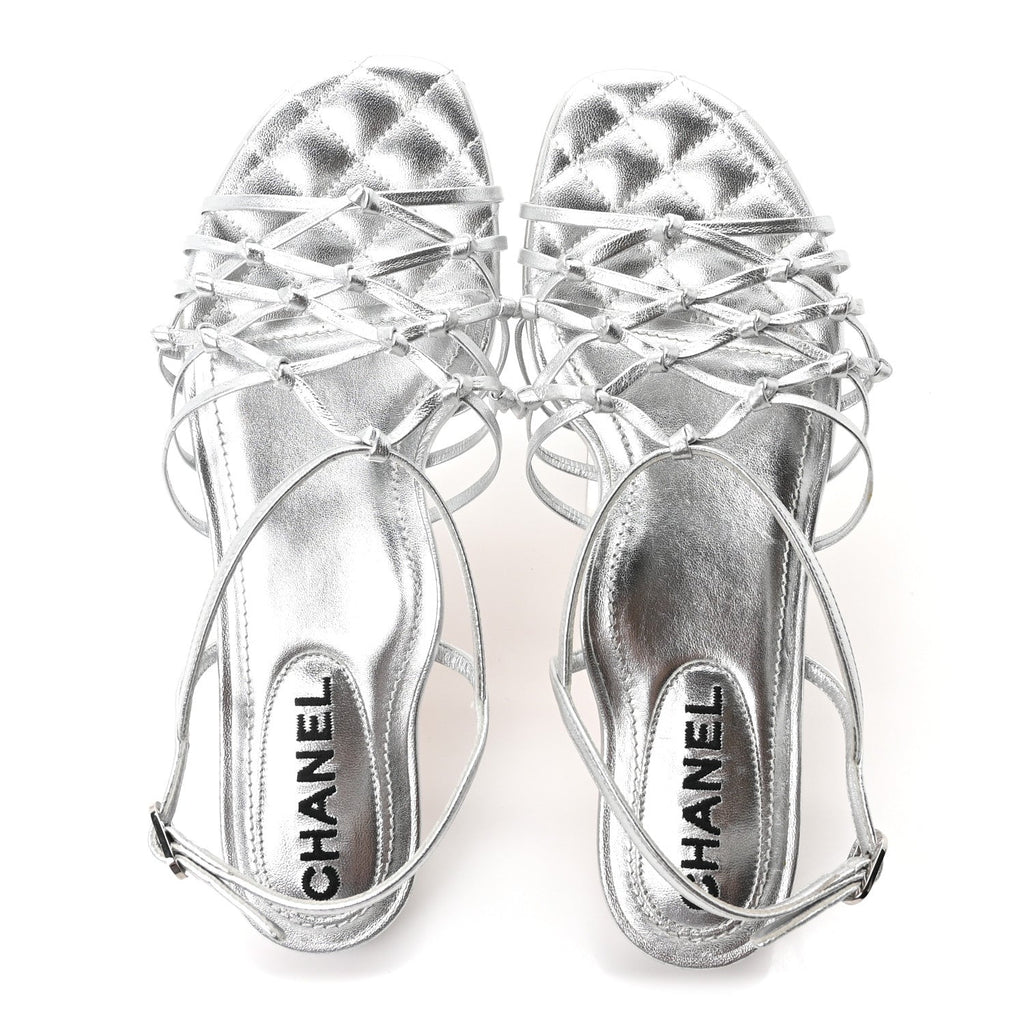 Chanel Laminated Lambskin Women's CC Sandals 36.5 Silver