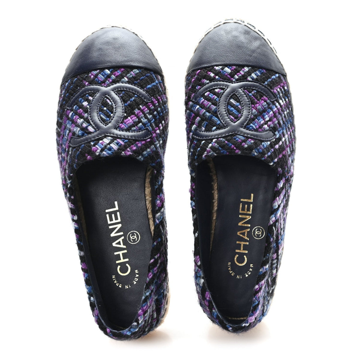 Chanel Tweed Grosgrain Women's CC Espadrilles 35 Purple Black Navy