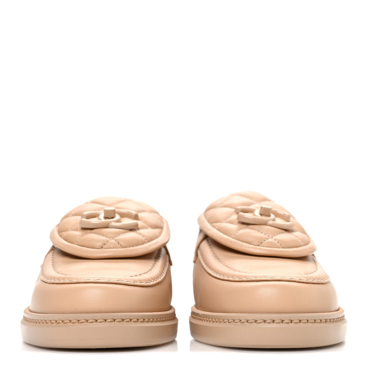 Chanel Lambskin Quilted CC Turnlock Beige Women's Moccasins