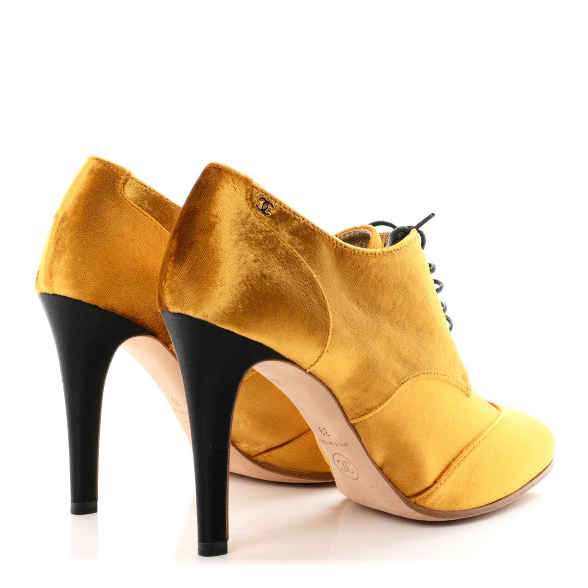 Chanel Velvet Women's CC Lace Up Ankle Boots 39 Gold