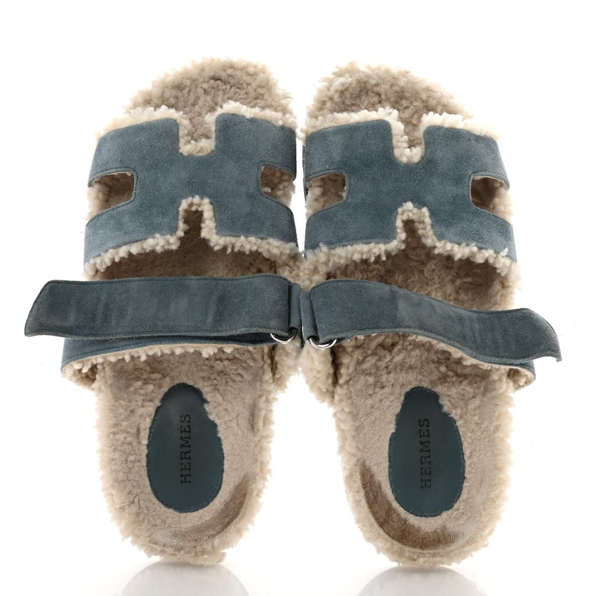 Hermes Suede Goatskin Woolskin Women's Chypre Sandals 38.5 Bleu Pinede Ecru
