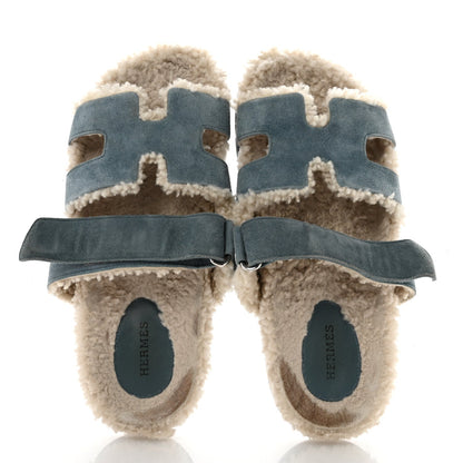 Hermes Suede Goatskin Woolskin Women's Chypre Sandals 38.5 Bleu Pinede Ecru