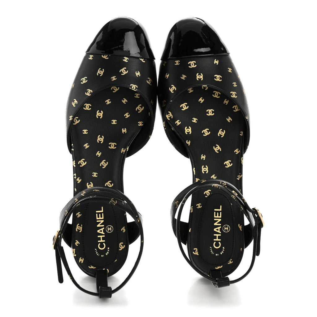 Chanel Lambskin Patent Calfskin Women's Cap Toe CC Slingbacks 36.5 Black Gold